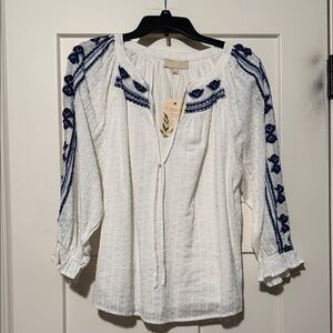 Farm Rio Women's White and Blue Embroidered Blouse